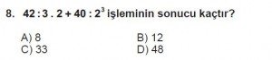 6. Sınıf Matematik kazanım Test 1 soru 8
