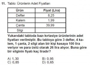 6. Sınıf Matematik kazanım Test 7 soru 11