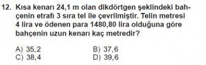 6. Sınıf Matematik kazanım Test 7 soru 12