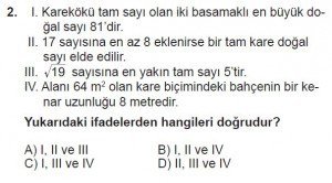 8. Sınıf Matematik kazanım Test 4 soru2