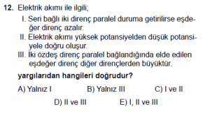 10. Sınıf Fizik Test8 Soru 12