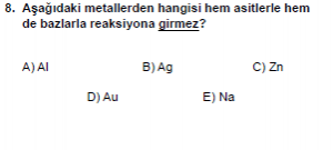 10. Sınıf Kimya Test 3 Soru 8