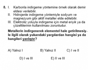 12. Sınıf Kimya Test 1 Soru 8