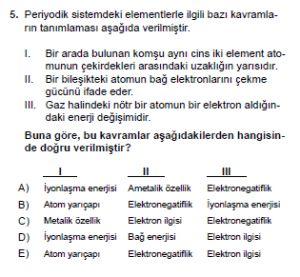9. Sınıf Kimya Test 10 Soru 5