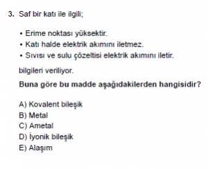 9. Sınıf Kimya Test 12 Soru 3