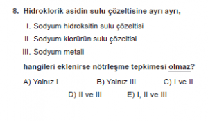 9. Sınıf Kimya Test 16 Soru 8