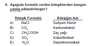 9. Sınıf Kimya Test 3 Soru 8