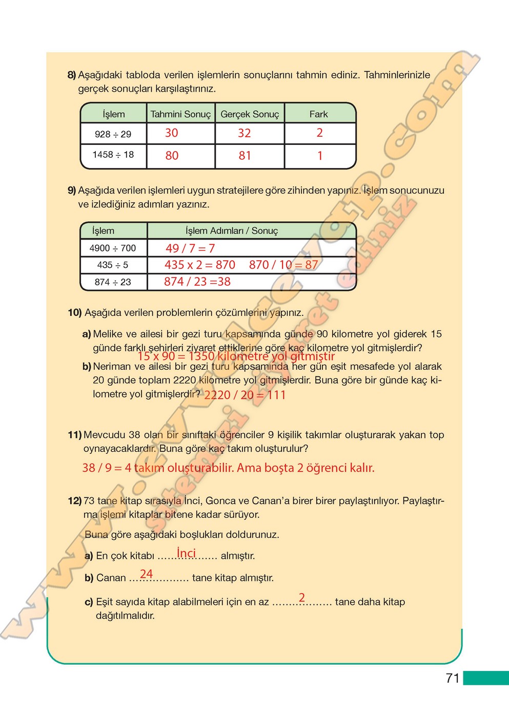 5. Sınıf Meb Yayınları Matematik Ders Kitabı Sayfa 71 Cevapları