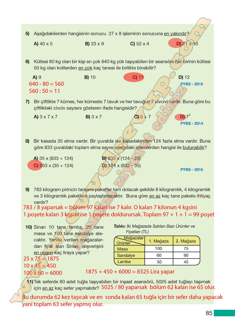 5. Sınıf Meb Yayınları Matematik Ders Kitabı Sayfa 85 Cevapları