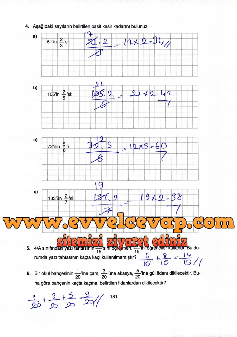 4. Sınıf Ata Yayıncılık Matematik Ders Kitabı Sayfa 181 Cevabı