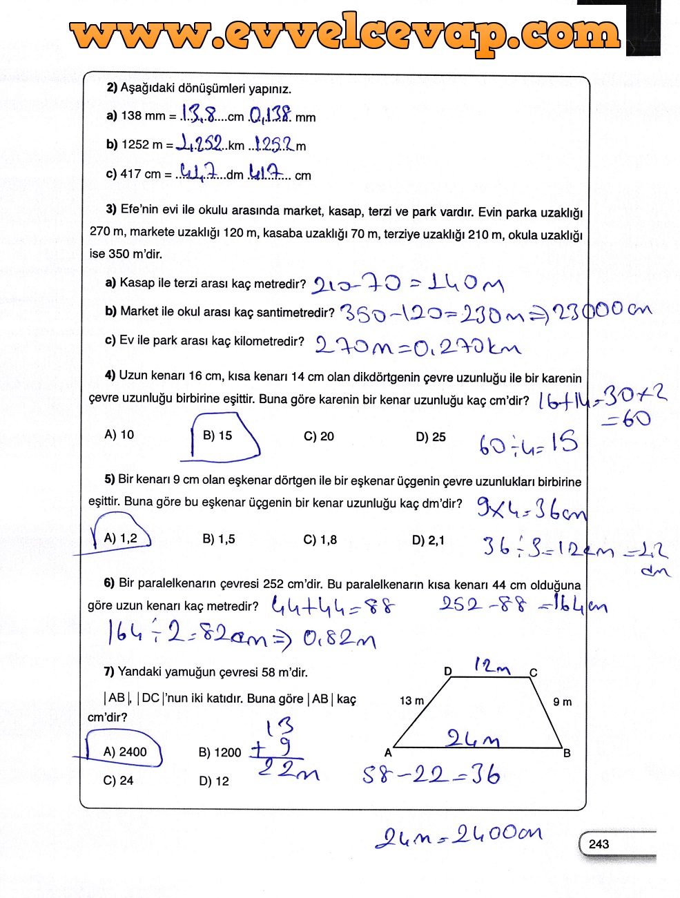 5. Sınıf Dikey Yayıncılık Matematik Ders Kitabı Sayfa 243 Cevabı