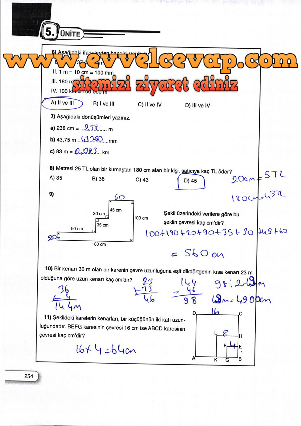 5. Sınıf Dikey Yayıncılık Matematik Ders Kitabı Sayfa 254 Cevabı