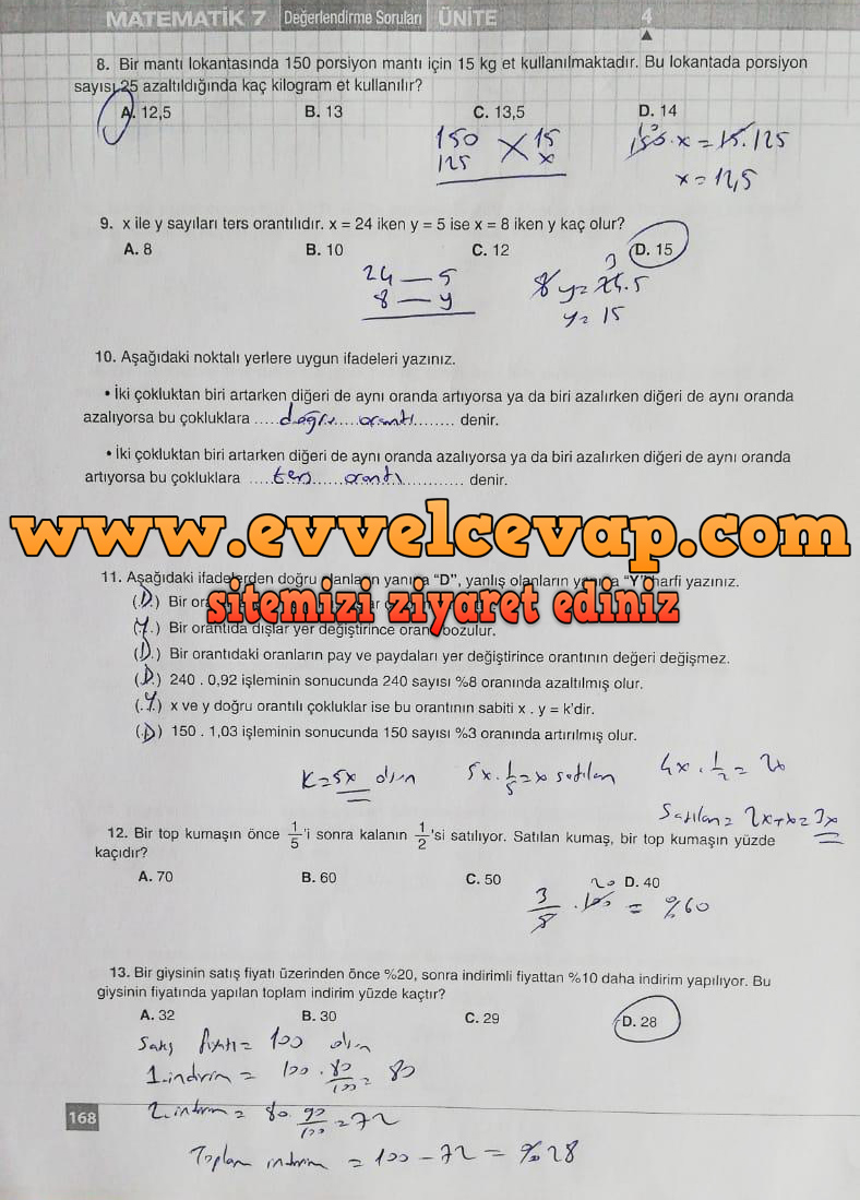 7. Sınıf Koza Yayınları Matematik Ders Kitabı Sayfa 168 Cevabı