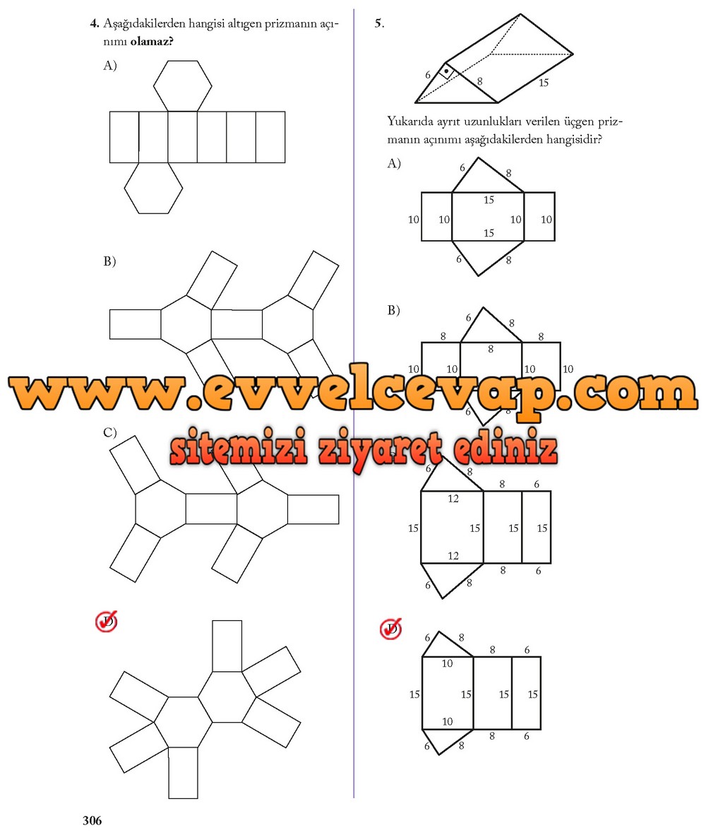 8. Sınıf Ekoyay Yayıncılık Matematik Ders Kitabı Sayfa 306 Cevabı