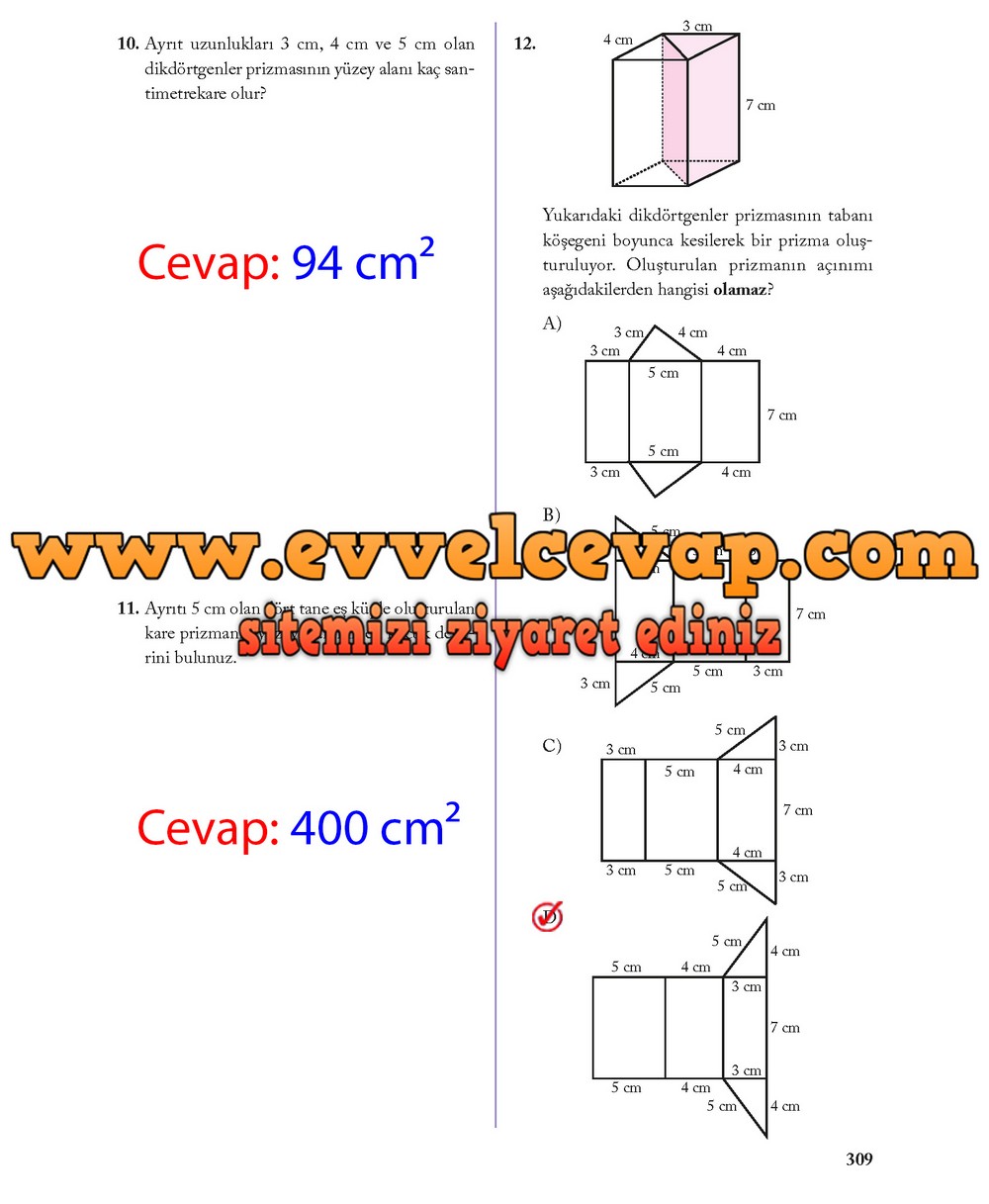 8. Sınıf Ekoyay Yayıncılık Matematik Ders Kitabı Sayfa 309 Cevabı