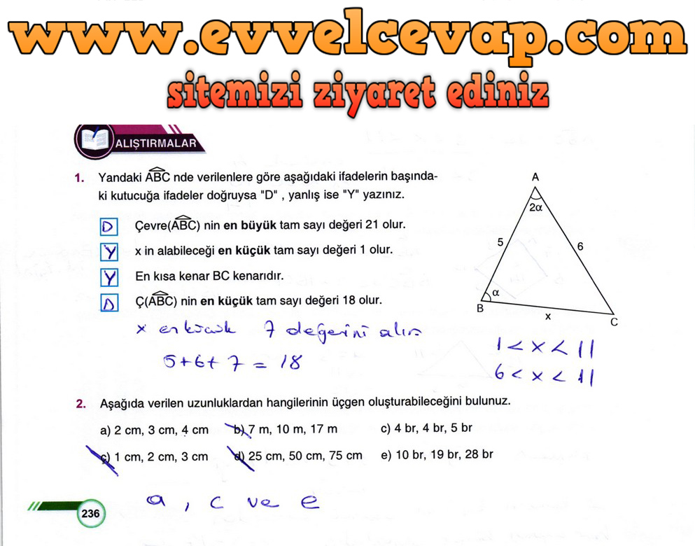 9. Sınıf Matematik Ders Kitabı Sayfa 236 Cevabı &Ouml;dev Yayınları