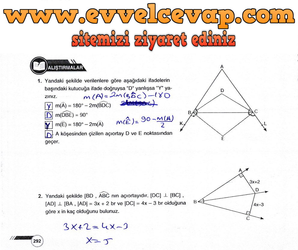 9. Sınıf Matematik Ders Kitabı Sayfa 292 Cevabı &Ouml;dev Yayınları