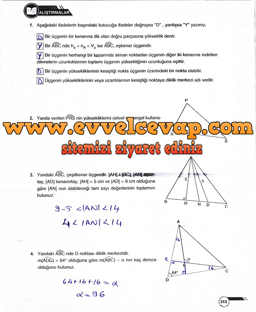 9. Sınıf &Ouml;dev Yayınları Matematik Ders Kitabı Sayfa 313 Cevabı