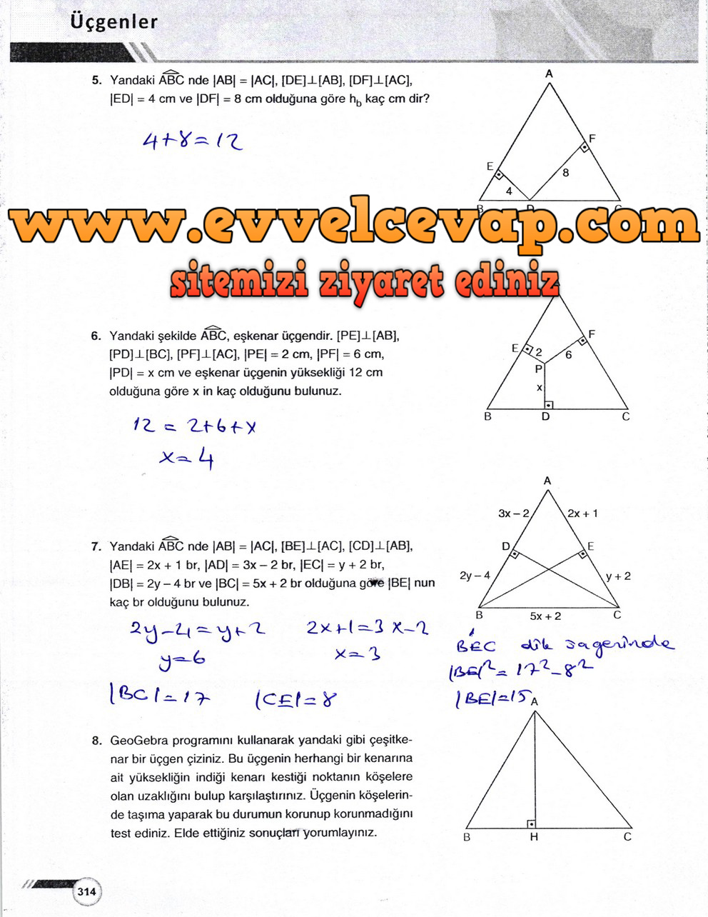 9. Sınıf &Ouml;dev Yayınları Matematik Ders Kitabı Sayfa 314 Cevabı