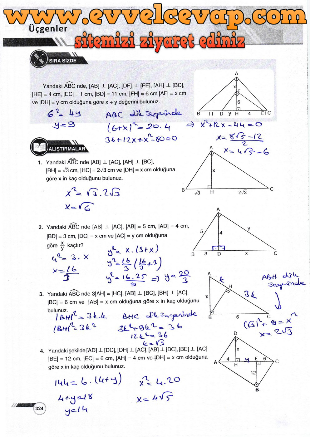 9. Sınıf &Ouml;dev Yayınları Matematik Ders Kitabı Sayfa 324 Cevabı