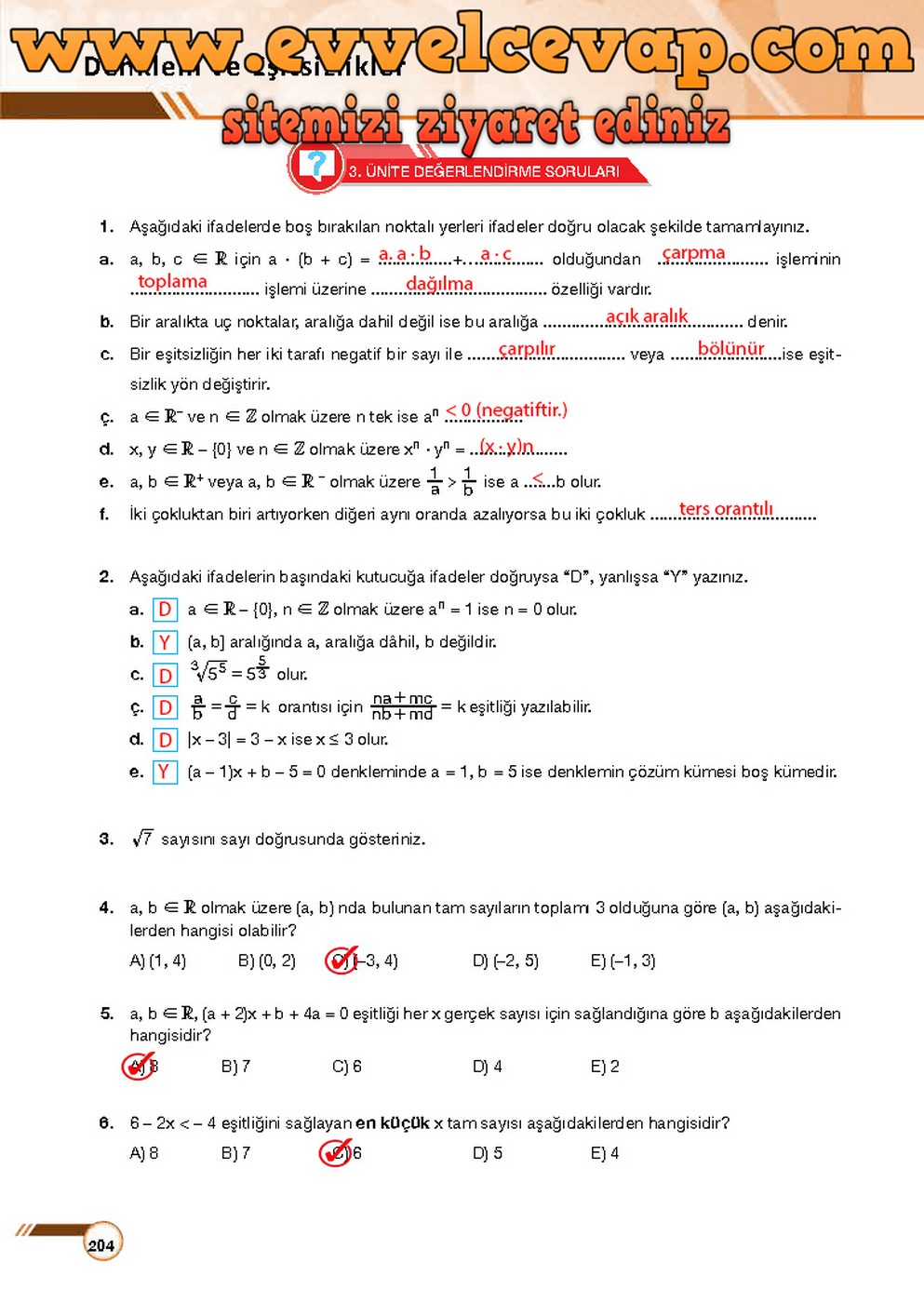 9. Sınıf Matematik Ders Kitabı Sayfa 204 Cevabı Ödev Yayınları