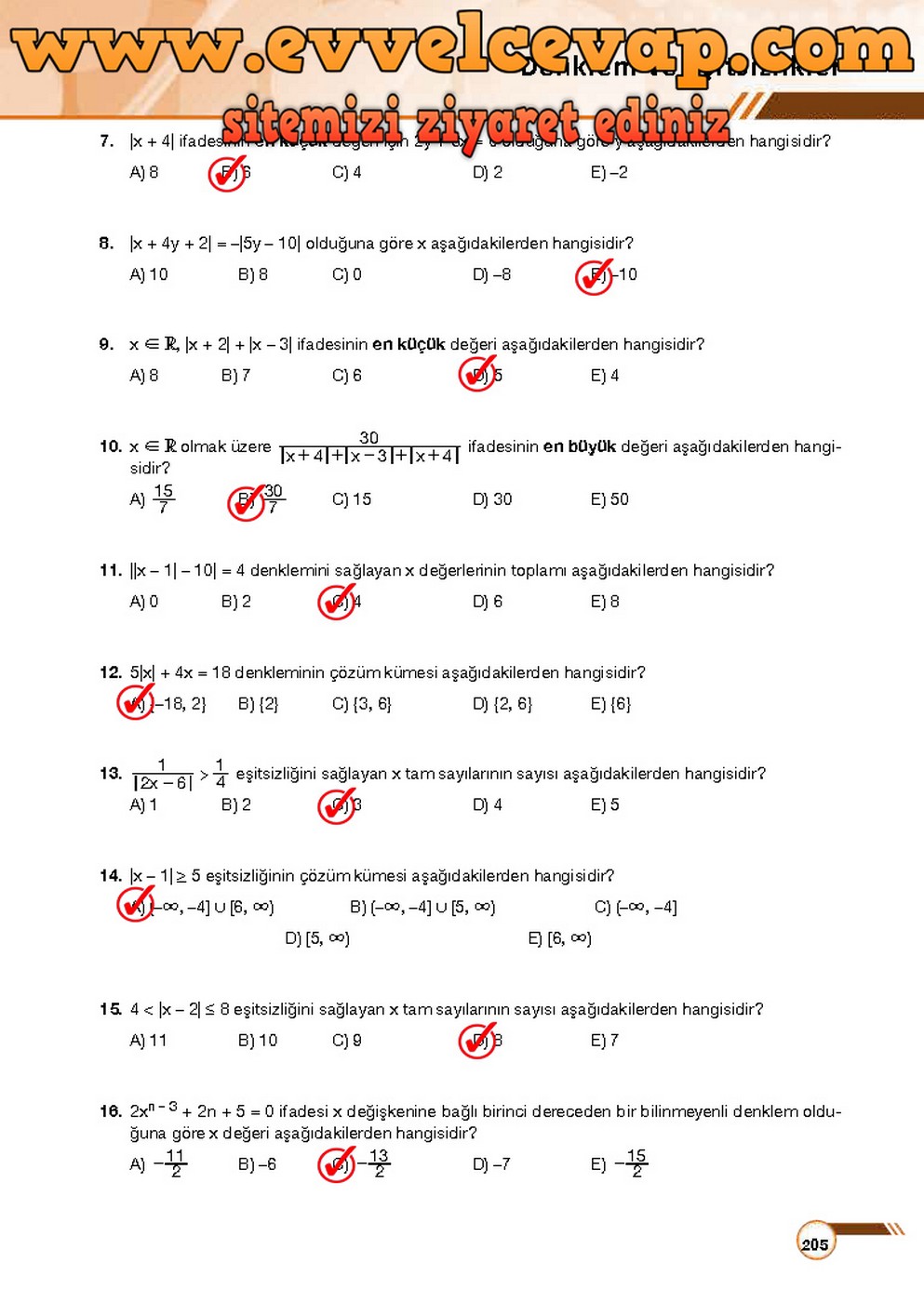 9. Sınıf Matematik Ders Kitabı Sayfa 205 Cevabı Ödev Yayınları
