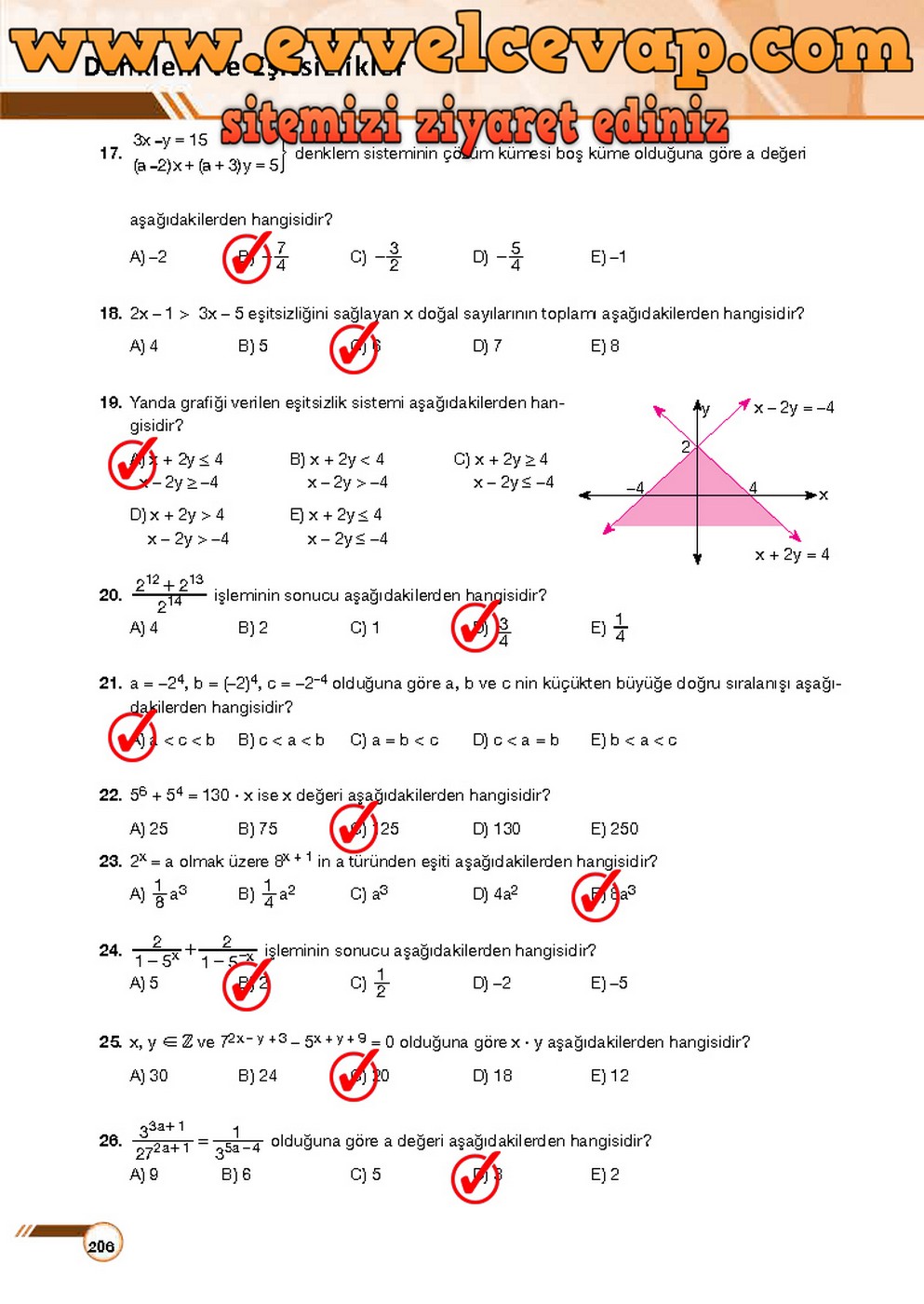 9. Sınıf Matematik Ders Kitabı Sayfa 206 Cevabı Ödev Yayınları