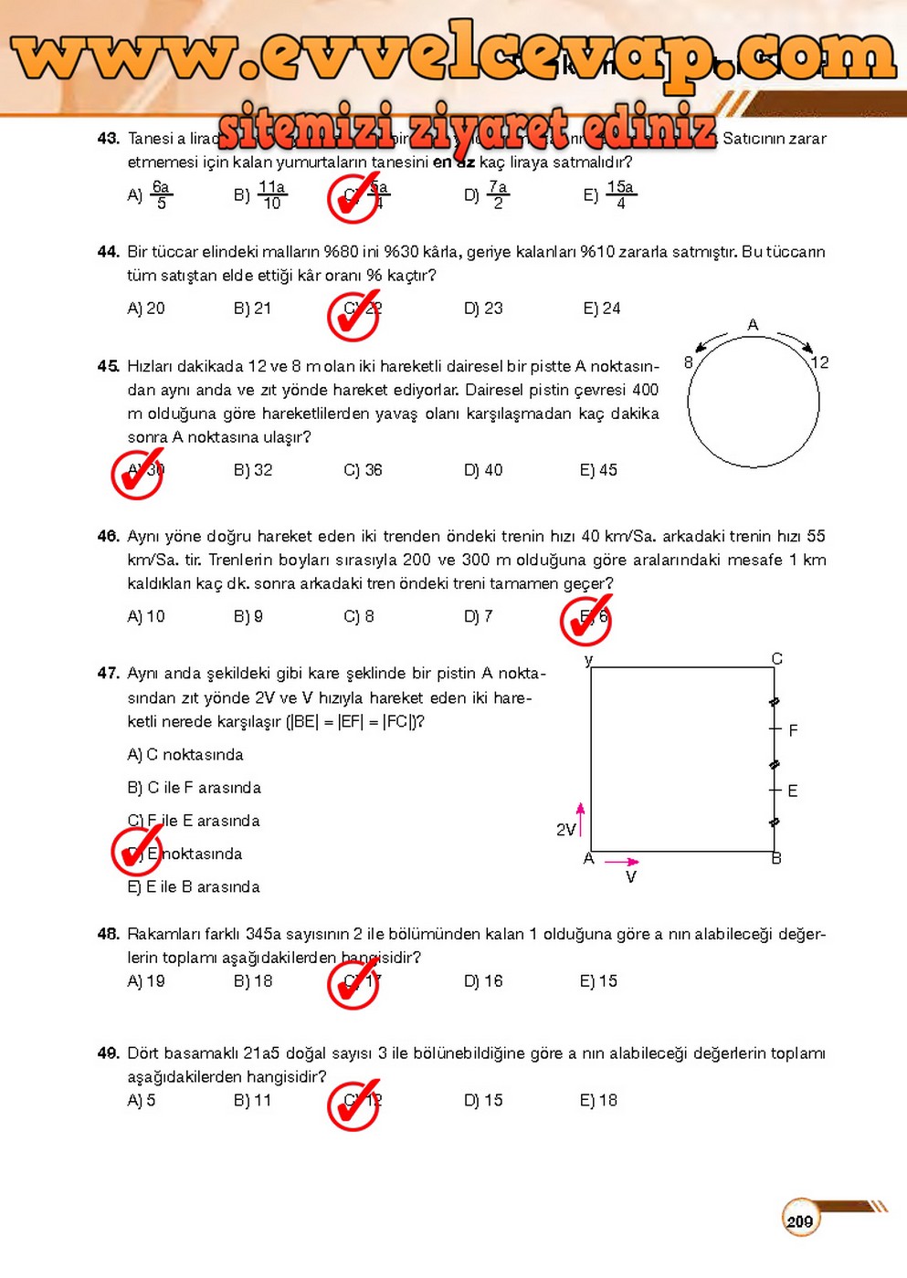 9. Sınıf Matematik Ders Kitabı Sayfa 209 Cevabı Ödev Yayınları