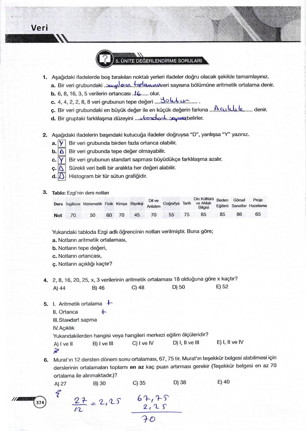 9. Sınıf Ödev Yayınları Matematik Ders Kitabı Sayfa 374 Cevabı