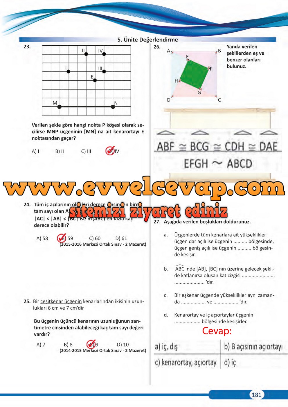 8. Sınıf Matematik Ders Kitabı Sayfa 181 Cevapları Meb Yayınları