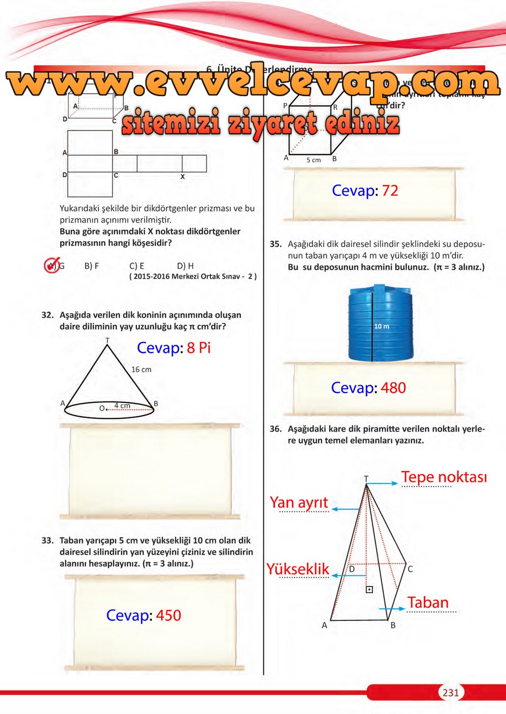 8. Sınıf Matematik Ders Kitabı Sayfa 231 Cevapları Meb Yayınları