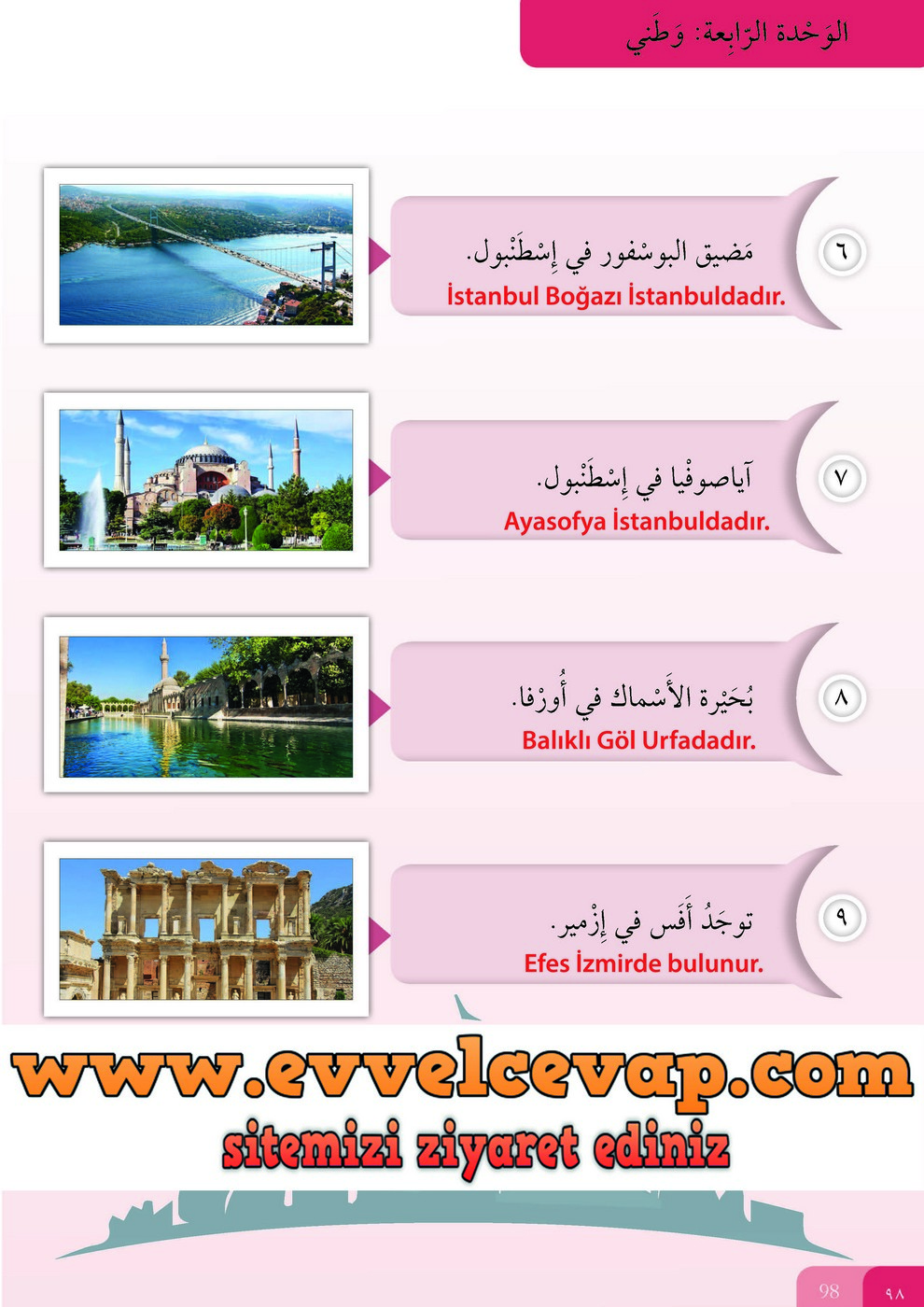 7. Sınıf Meb Yayınları Arapça Ders ve Öğrenci Çalışma Kitabı Sayfa 98 Cevabı