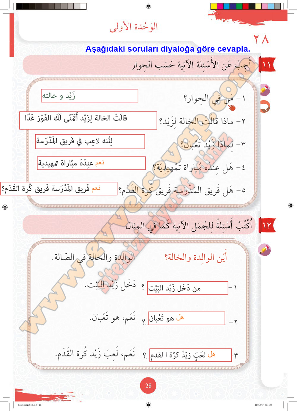 6. Sınıf Arapça Ders ve Çalışma Kitabı Sayfa 28 Cevabı Meb Yayınları