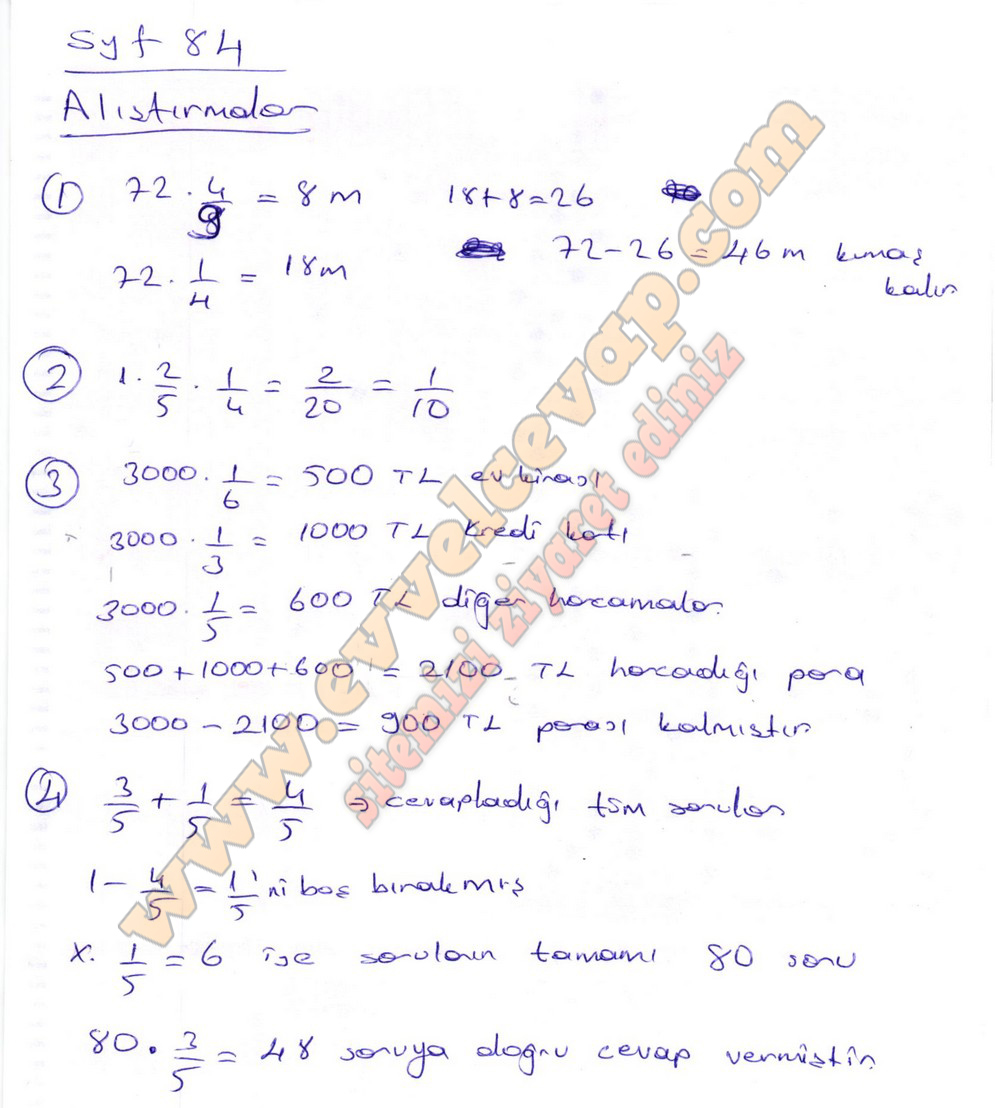 7. Sınıf Matematik Ekoyay Yayınları Ders Kitabı Sayfa 84 Cevapları