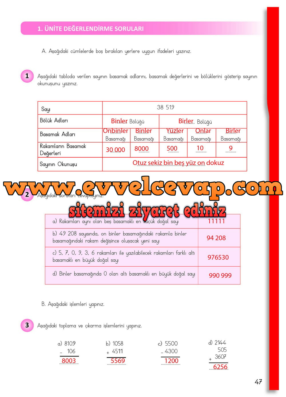 4. Sınıf Matematik Meb Yayınları Ders Kitabı Cevapları Sayfa 47