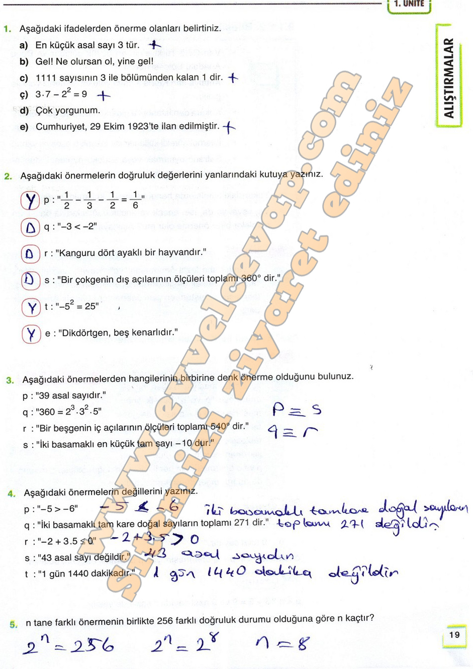 9. Sınıf Matematik Eksen Yayıncılık Ders Kitabı Sayfa 19 Cevapları 