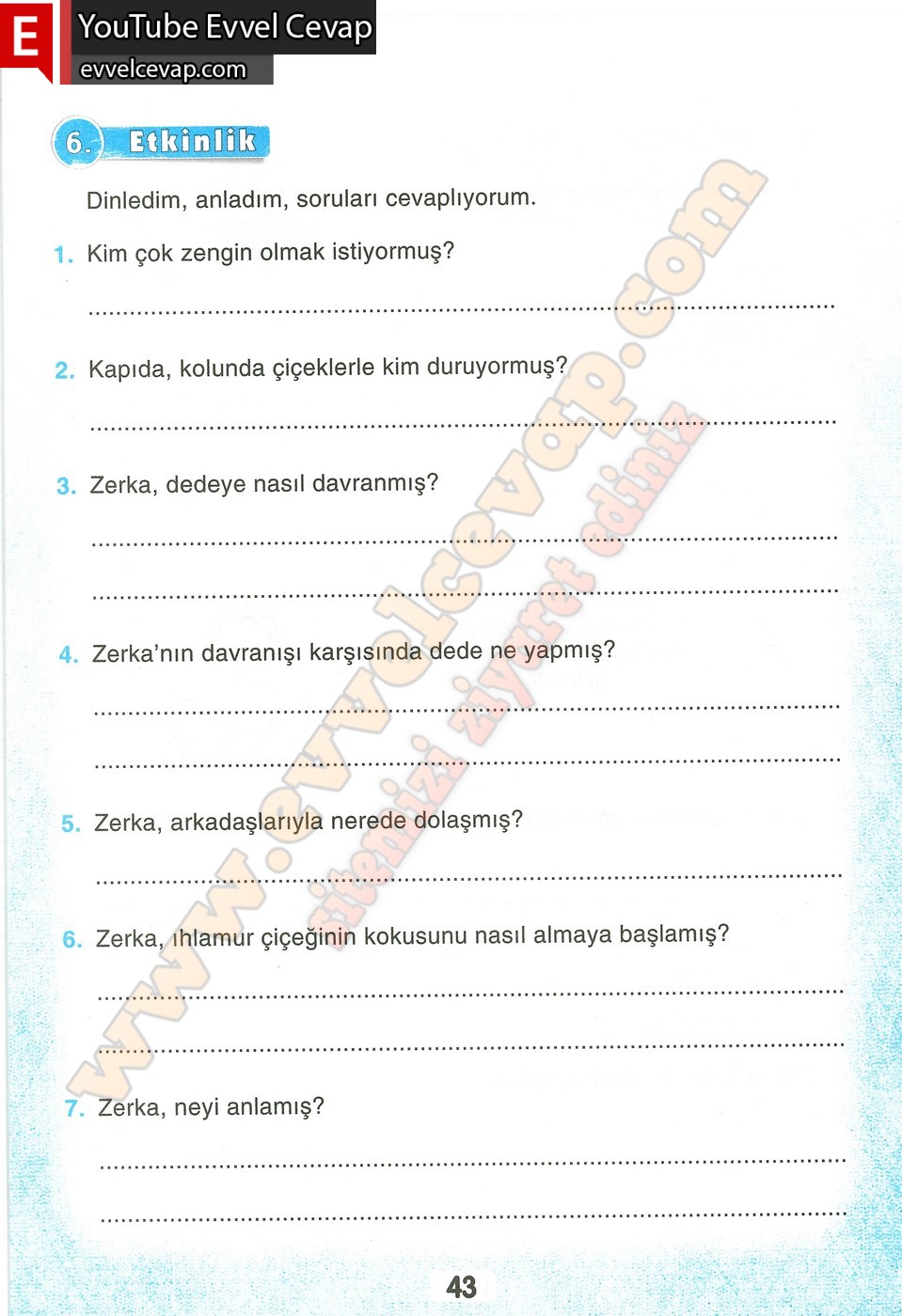 3. Sınıf Sonuç Yayınları Türkçe Ders Kitabı Cevapları Sayfa 43