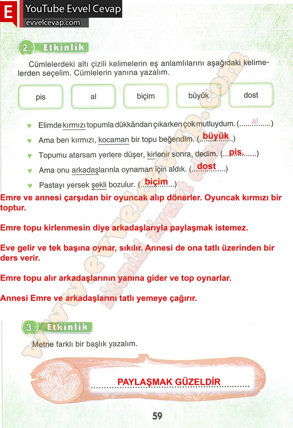 3. Sınıf Sonuç Yayınları Türkçe Ders Kitabı Cevapları Sayfa 59