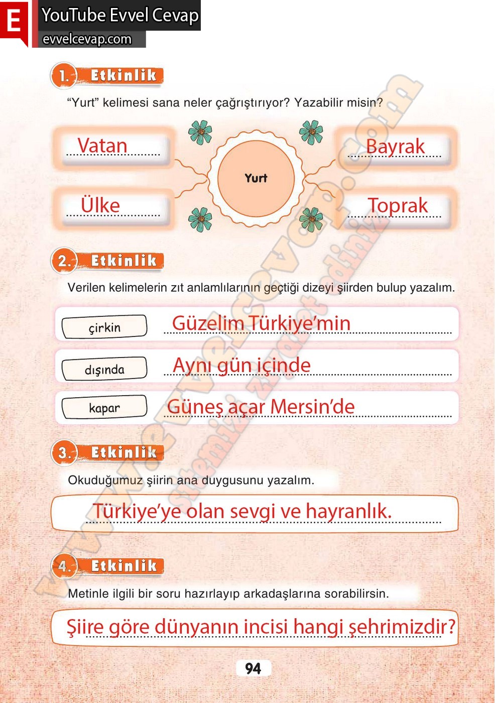 3. Sınıf Sonuç Yayınları Türkçe Ders Kitabı Cevapları Sayfa 94