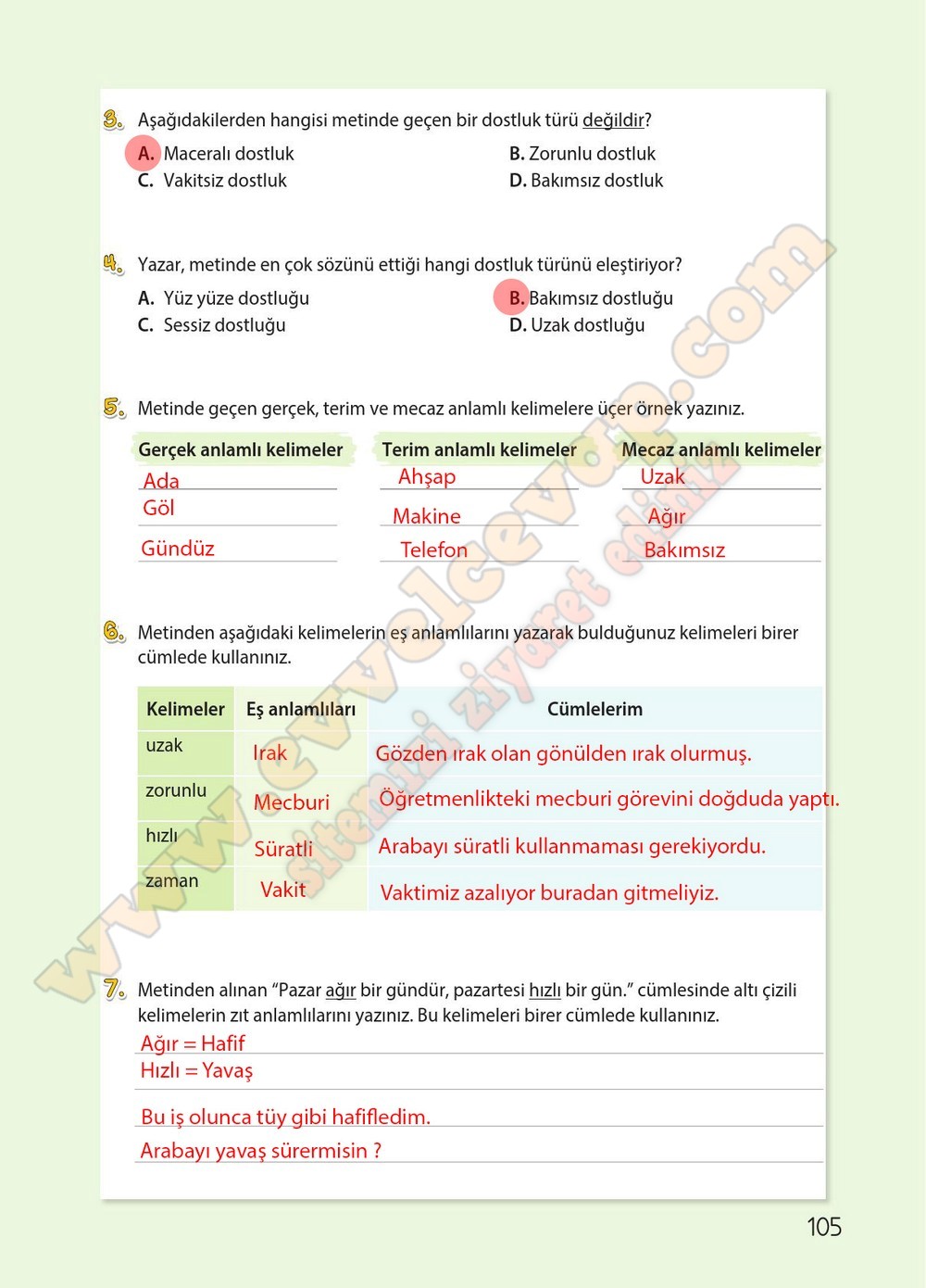 4. sınıf Koza Yayınları Türkçe Ders Kitabı Cevapları Sayfa 105