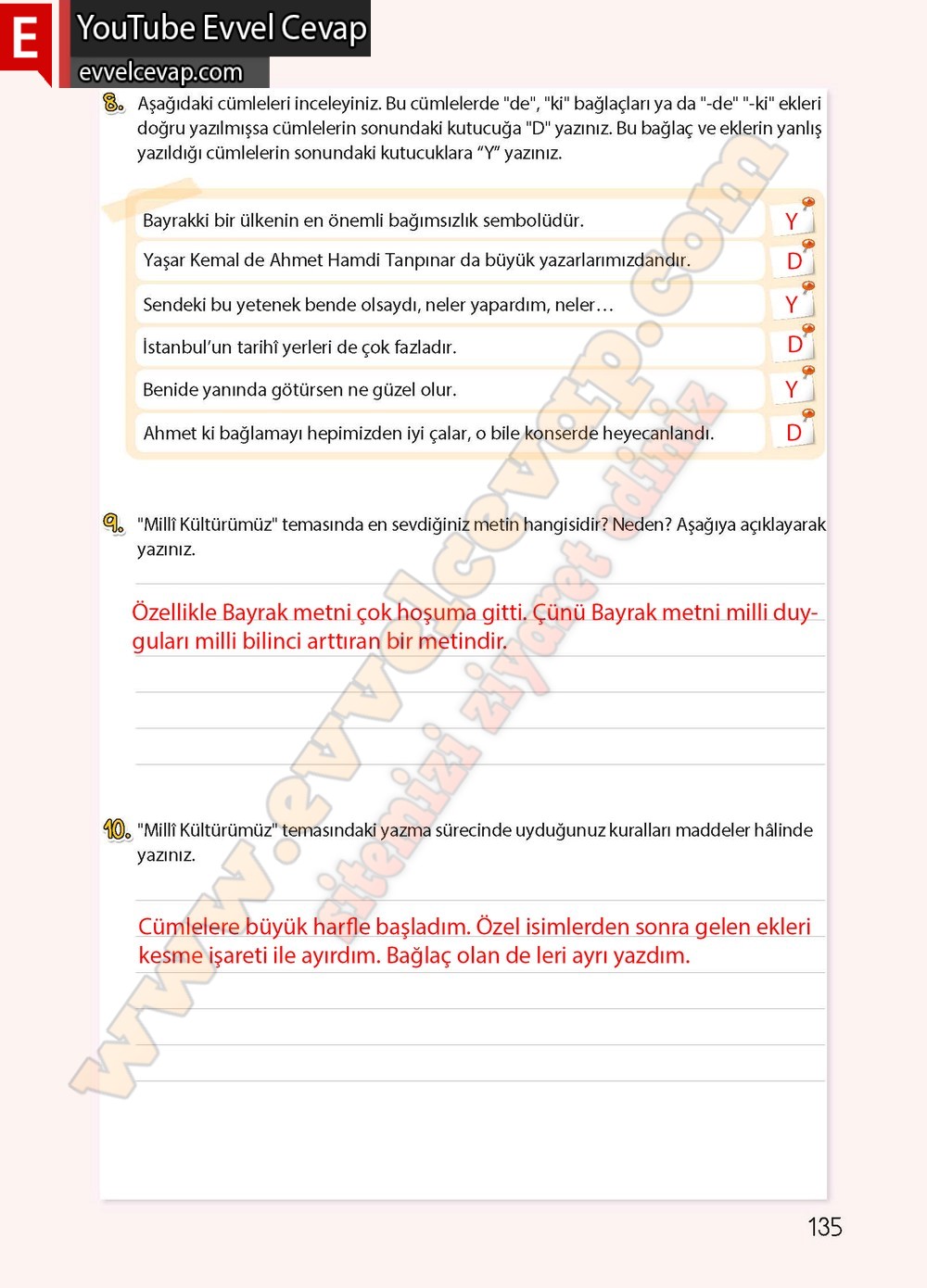 4. sınıf Koza Yayınları Türkçe Ders Kitabı Cevapları Sayfa 135