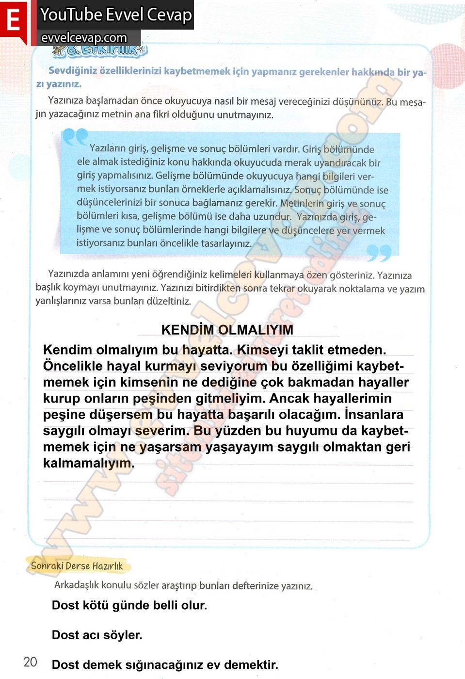 4. sınıf Koza Yayınları Türkçe Ders Kitabı Cevapları Sayfa 20