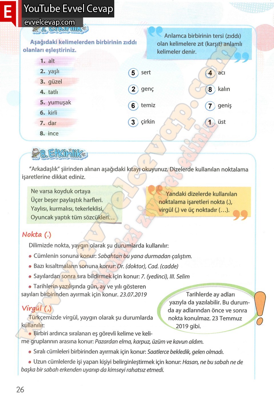 4. sınıf Koza Yayınları Türkçe Ders Kitabı Cevapları Sayfa 26
