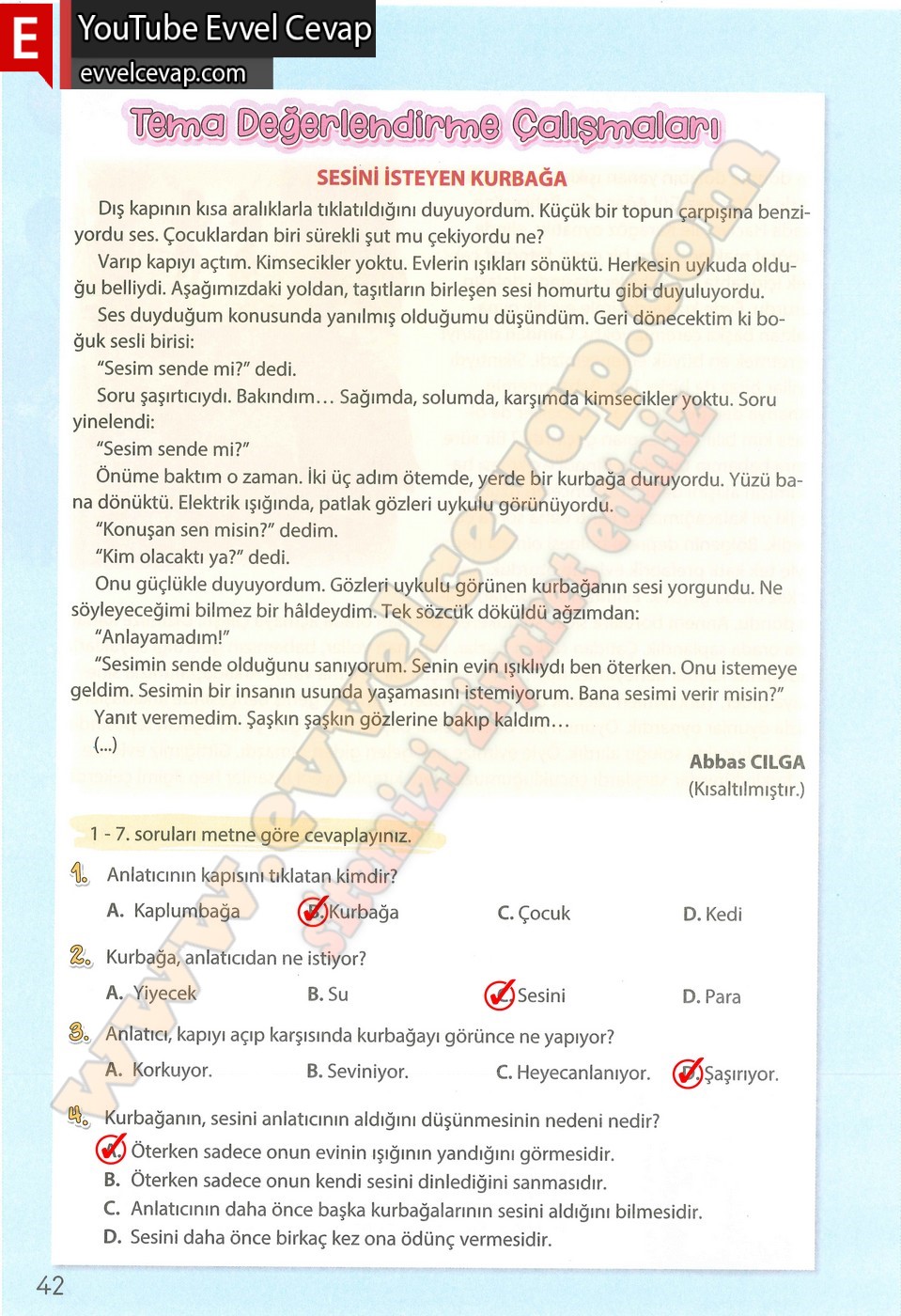 4. sınıf Koza Yayınları Türkçe Ders Kitabı Cevapları Sayfa 42