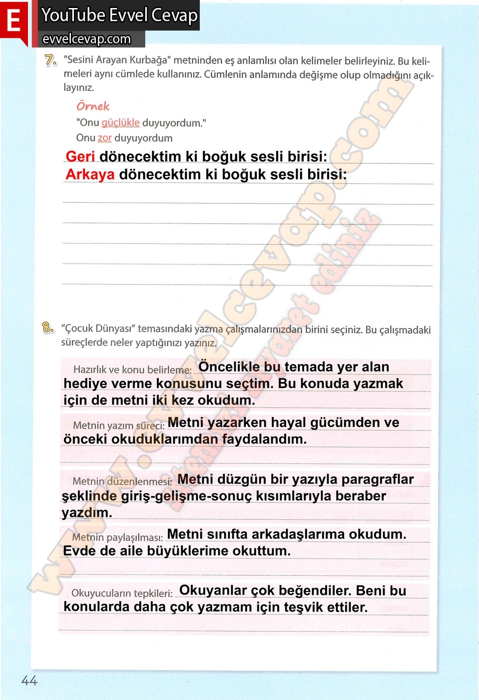 4. sınıf Koza Yayınları Türkçe Ders Kitabı Cevapları Sayfa 44