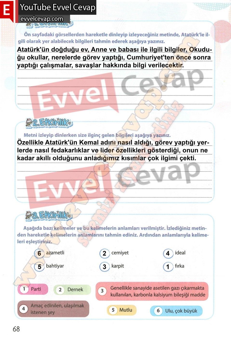 4. sınıf Koza Yayınları Türkçe Ders Kitabı Cevapları Sayfa 68