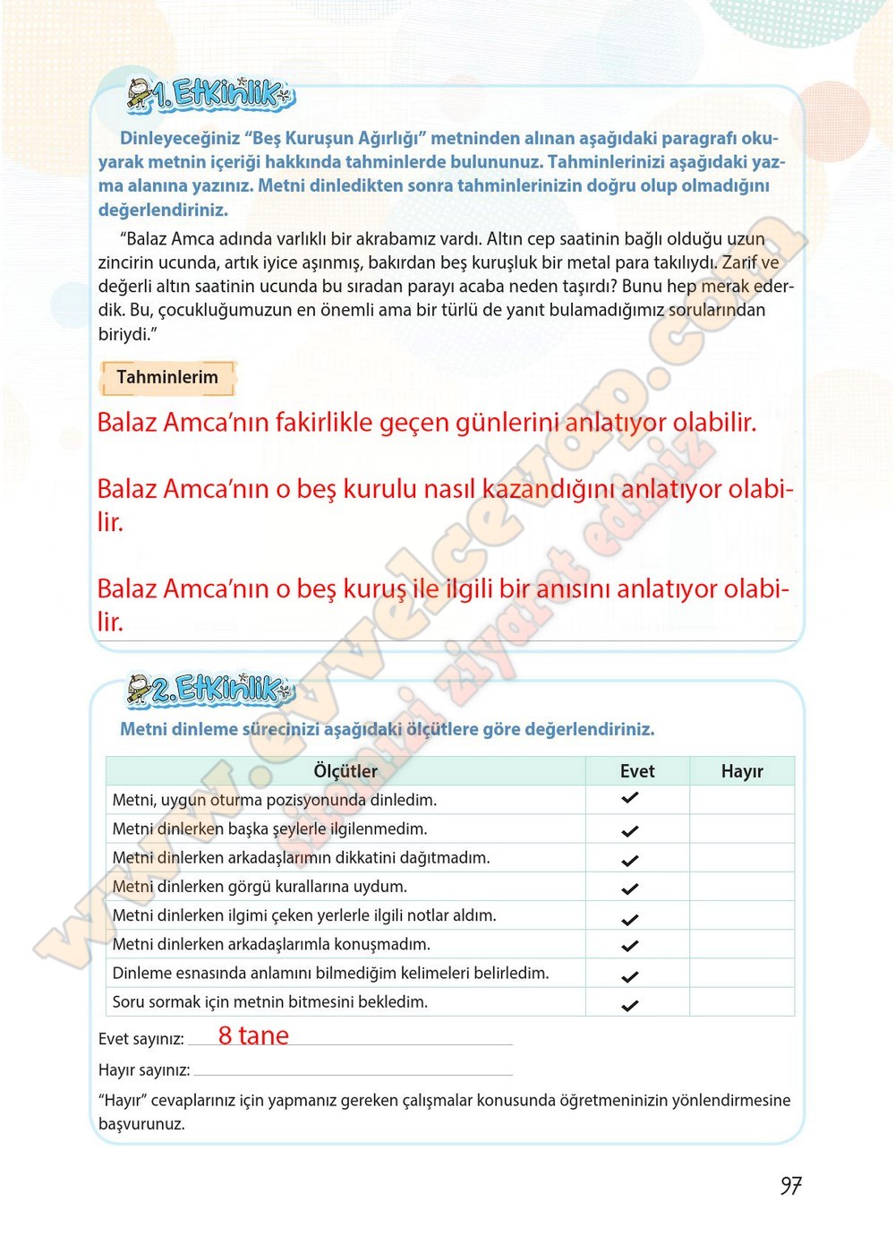 4. sınıf Koza Yayınları Türkçe Ders Kitabı Cevapları Sayfa 97
