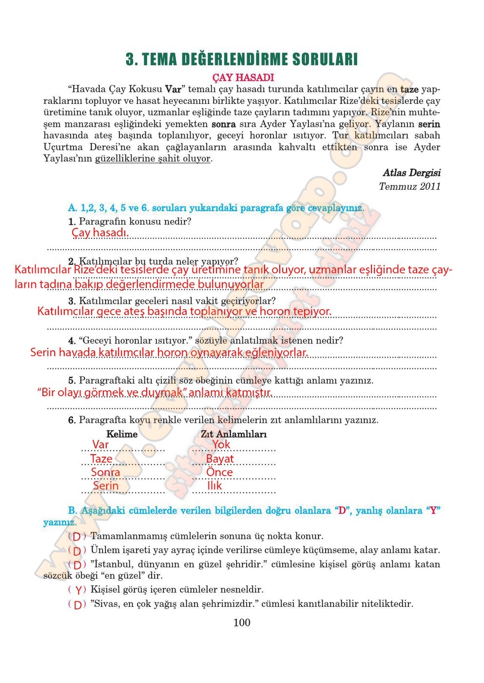 5. sınıf Anıttepe Yayıncılık Türkçe Ders Kitabı Cevapları Sayfa 100