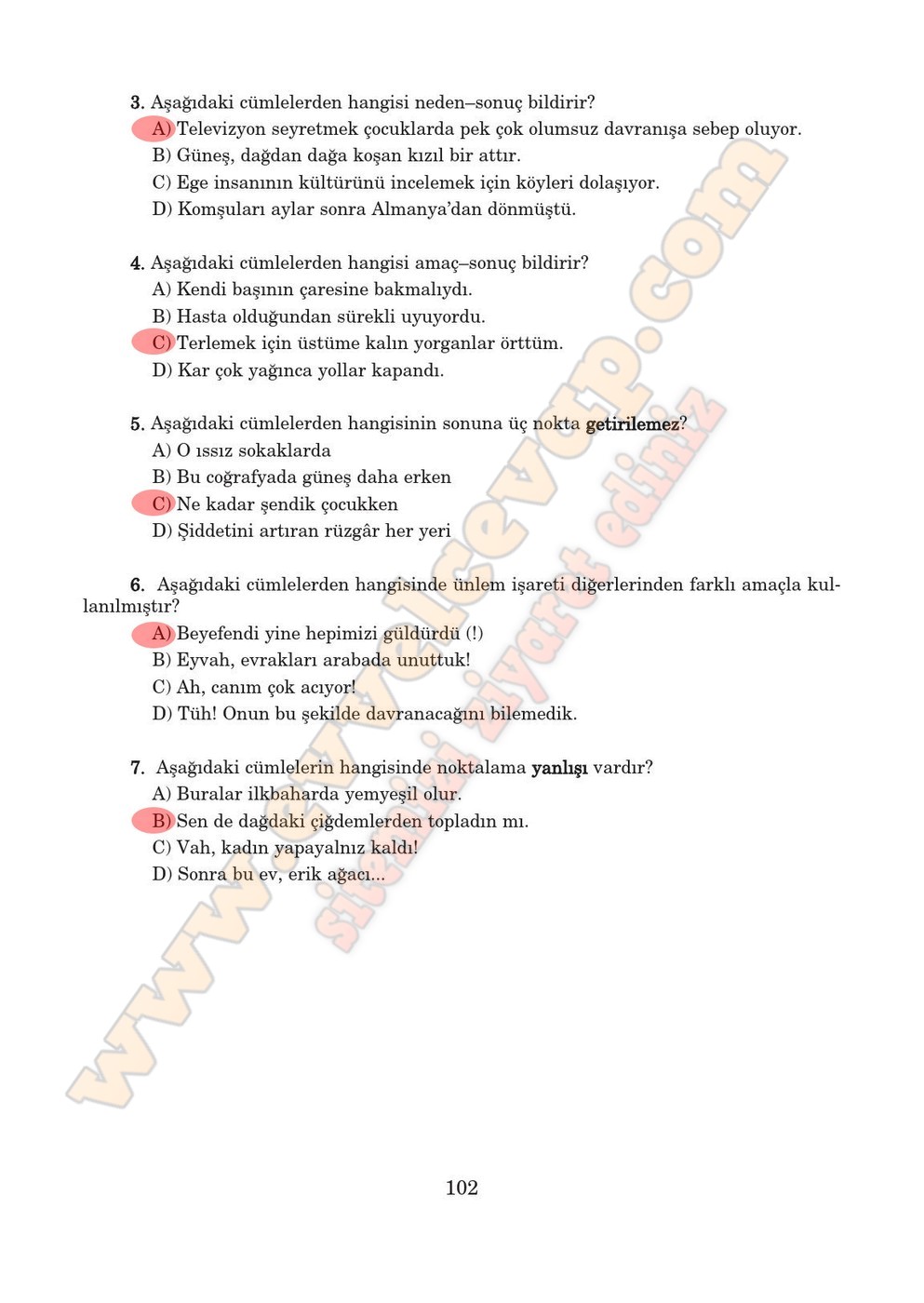 5. sınıf Anıttepe Yayıncılık Türkçe Ders Kitabı Cevapları Sayfa 102