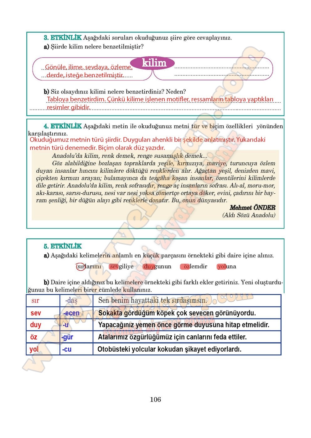 5. sınıf Anıttepe Yayıncılık Türkçe Ders Kitabı Cevapları Sayfa 106